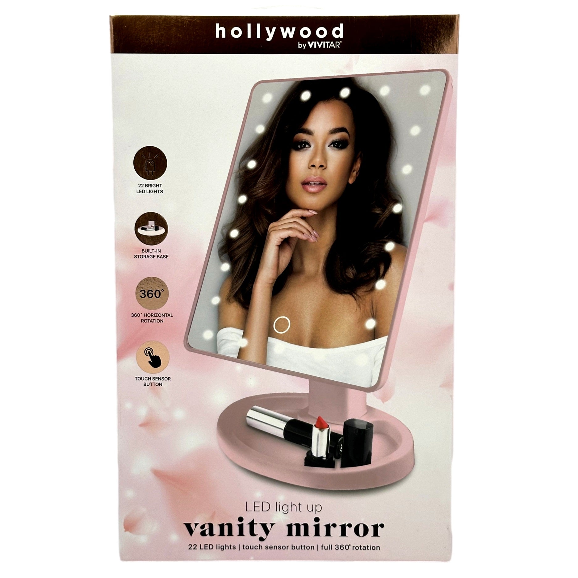 Box for a "Hollywood by Vivitar" pink LED vanity mirror showing a woman applying makeup in the mirror.